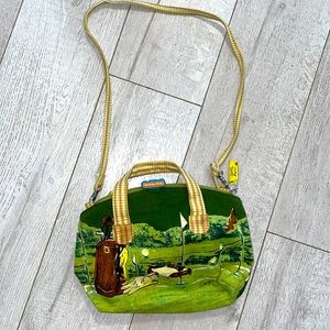 Anne ormsby gold crossbody bag womens green brown canvas zip top 13” x10”